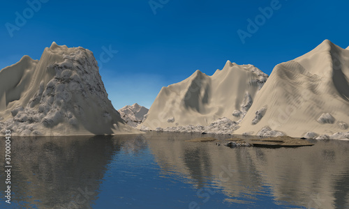 3d rocky mountain graphic with falling sand  In the middle of the sea  