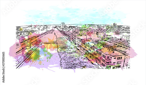 Building view with landmark of Almere is a planned city and municipality in the province of Flevoland, Netherlands. Watercolor splash with hand drawn sketch illustration in vector.