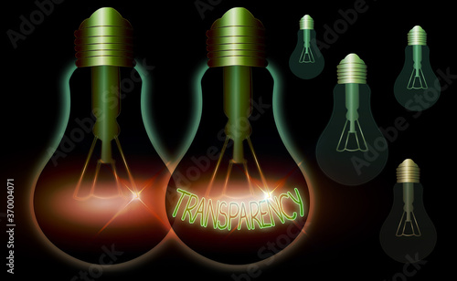 Writing note showing Transparency. Business concept for something transparent especially a picture viewed by light Realistic colored vintage light bulbs, idea sign solution photo