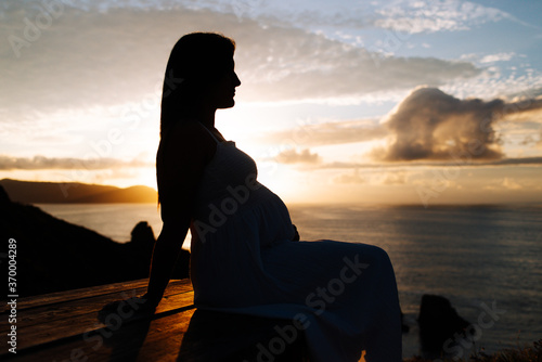Silhouette of a pregnant woman against an oceanic landscape