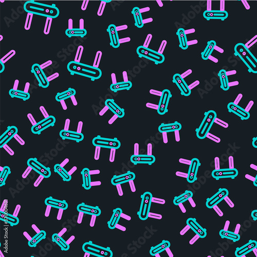 Line Router and wi-fi signal icon isolated seamless pattern on black background. Wireless ethernet modem router. Computer technology internet. Vector Illustration.