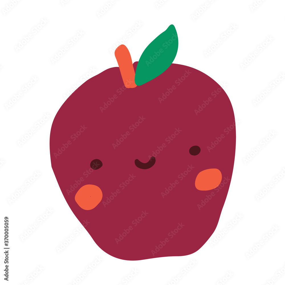 Fototapeta premium Cute flat single fruit. Cartoon smiley apple. Healthy food. Vector hand drawn illustration on white background