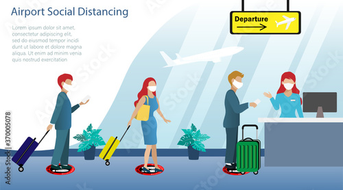 Passengers wearing face mask, standing at safety point, carrying luggages to check in at counter in airport. Idea for new normal lifestyle in airport during COVID-19 pandermic. Vector Illustration.
