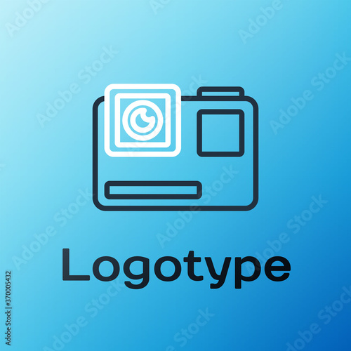 Line Action extreme camera icon isolated on blue background. Video camera equipment for filming extreme sports. Colorful outline concept. Vector Illustration.