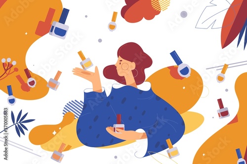 Girl chooses nail polish concept scene. Fashion beauty woman with lots of bottles vibrant colors vector illustration