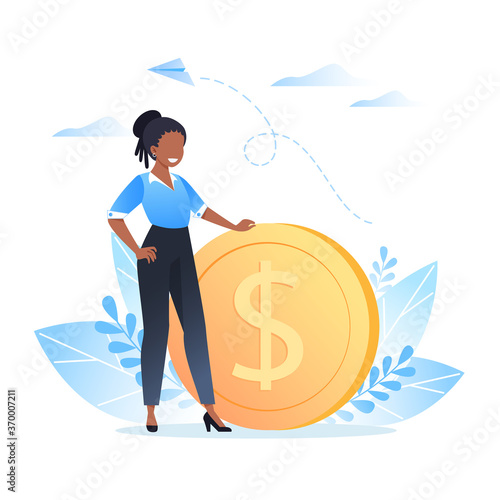 A young woman stands near a dollar coin. Earning, saving and investing money. Vector illustration for website, banner