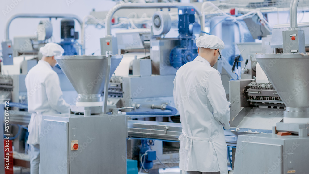Naklejka premium Two Young Male Food Conveyor Belt Employees Work at a Dumpling Factory. They Stand with Their Backs to Camera and Produce Manual Labour on the Line. They Wear White Sanitary Hats and Work Robes.