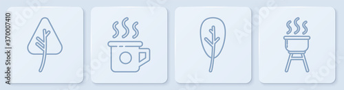 Set line Leaf or leaves, Leaf or leaves, Cup of tea and Barbecue grill. White square button. Vector.
