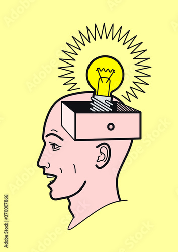 Human head. The brain of a man with an open box. Abstract shape of a human head with a box. Profile man. Idea. A light bulb in my head. Human brain. Psychology of thinking.