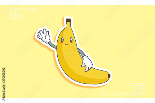 REALLY, ATTENTIVE, CURIOS Face Emotion. Waving Hand Gesture. Banana Fruit Cartoon Drawing Mascot Illustration.