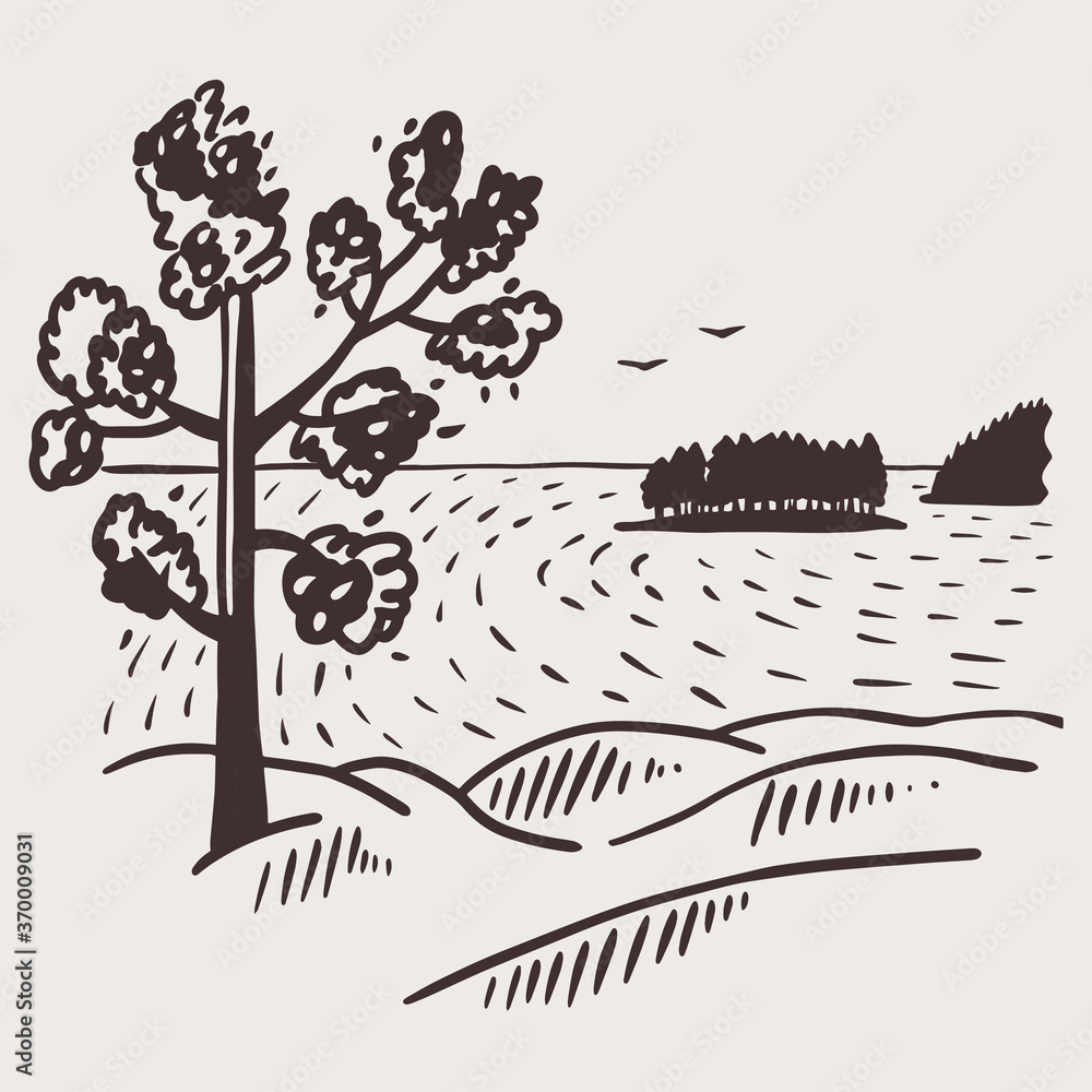 Obraz premium North sea landscape with an island and a tree vector illustration in sketch style.