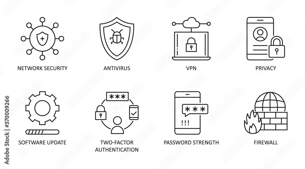 Cybersecurity vector icons. Set of 8 symbols with editable stroke. Network security antivirus VPN privacy. 2fa (two-factor authentication) password strength firewall software update Cybersecurity vector icons. Set of 8 symbols with editable stroke. Network security antivirus VPN privacy. 2fa (two-factor authentication) password strength firewall software update