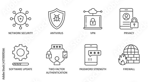 Cybersecurity vector icons. Set of 8 symbols with editable stroke. Network security antivirus VPN privacy. 2fa (two-factor authentication) password strength firewall software update