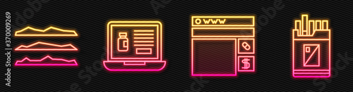 Set line Buying drugs online, Cocaine or heroin drug, Buying drugs online on laptop and Open cigarettes pack box. Glowing neon icon. Vector.