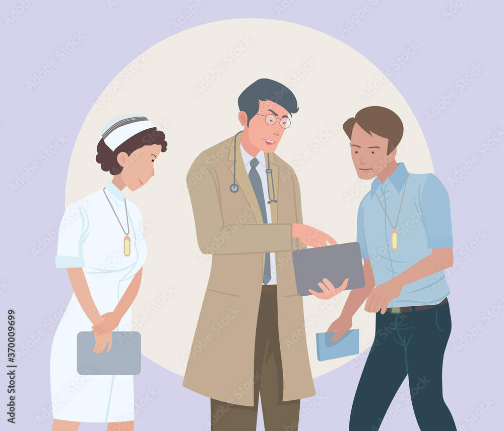 Fototapeta premium Medical staff consult the information that is invented and researched on the treatment of patients. hand drawn style vector design illustrations.