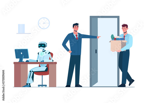 The robot is in the workplace, and person is fired. Man lost her job due to robotics. Business people, unemployment, ai. Artificial intelligence has replaced humans. Flat vector illustration isolated