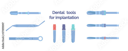 Dental tools for dental implants. Medical metal and titanium. Vector illustration, in a flat style. Poster to the clinic, image for instructions for dentists, training books. Isolated on white