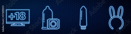 Set line Dildo vibrator, Monitor with 18 plus content, Condom and Mask with long bunny ears. Glowing neon icon on brick wall. Vector.