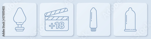 Set line Anal plug, Dildo vibrator, Movie clapper with 18 plus content and Condom. White square button. Vector.