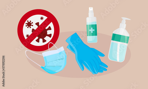 Coronavirus protection kit. A set of gloves, soap, antiseptic, medical mask