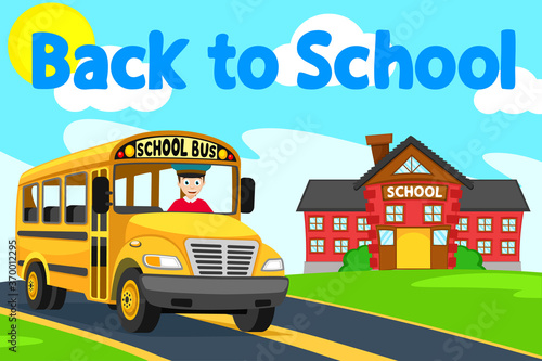Yellow school bus and school on nature background