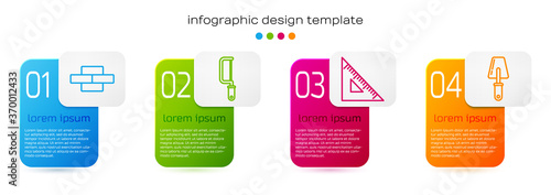 Set line Bricks, Hacksaw, Triangular ruler and Trowel. Business infographic template. Vector.