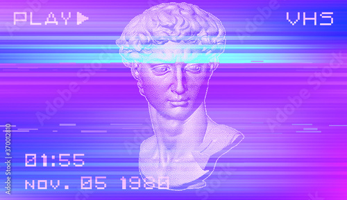 Cyberpunk-style collage with plaster 3D head and pixel artifacts. Vaporwave and retrowave aesthetics from the 80s.