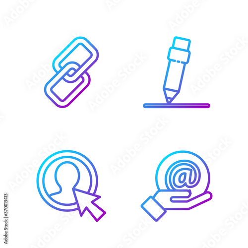 Set line Mail and e-mail in hand, Create account screen, Chain link and Pencil with eraser. Gradient color icons. Vector.