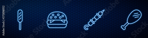 Set line Grilled shish kebab, Corn dog, Burger and Chicken leg. Glowing neon icon on brick wall. Vector.