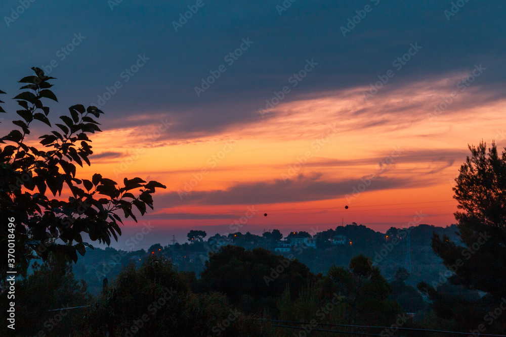 Naklejka premium Landscape of a sunrise with orange tones with pine trees in the foreground