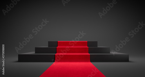 Abstract geometric black podium with red carpet - 3d illustration photo