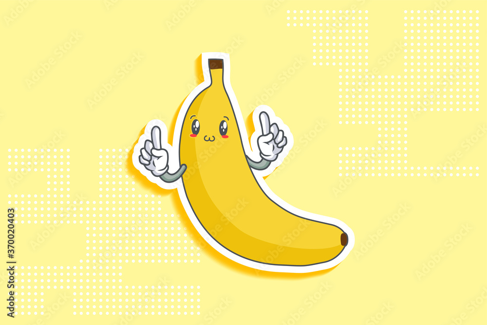 SMILING, HAPPY, UWU Face Emotion. Double Forefinger Hand Gesture. Banana Fruit Cartoon Drawing Mascot Illustration. SMILING, HAPPY, UWU Face Emotion. Double Forefinger Hand Gesture. Banana Fruit Cartoon Drawing Mascot Illustration.