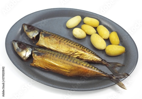 SMOKED MACKERL scomber scombrus WITH POTATOES ON A PLATE photo