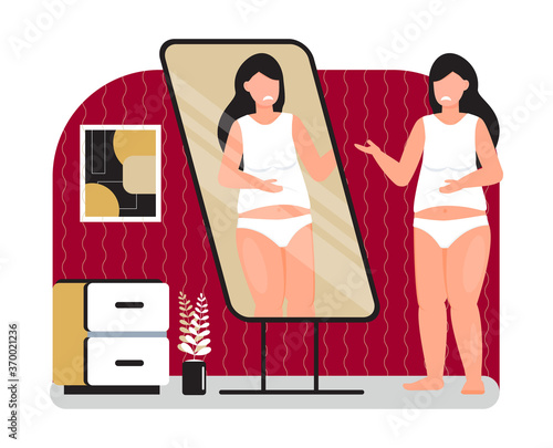 Upset and fat girl is looking in mirror. Obesity concept vector. Depression, mental, disorder problems. Starting a diet illustration. Overweight woman is unhappy with her reflection