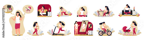 Routine day of girl vector set. Woman is doing different outdoor activities. is She is running, yoga, workout, riding a bicycle, walking with baby stroller.