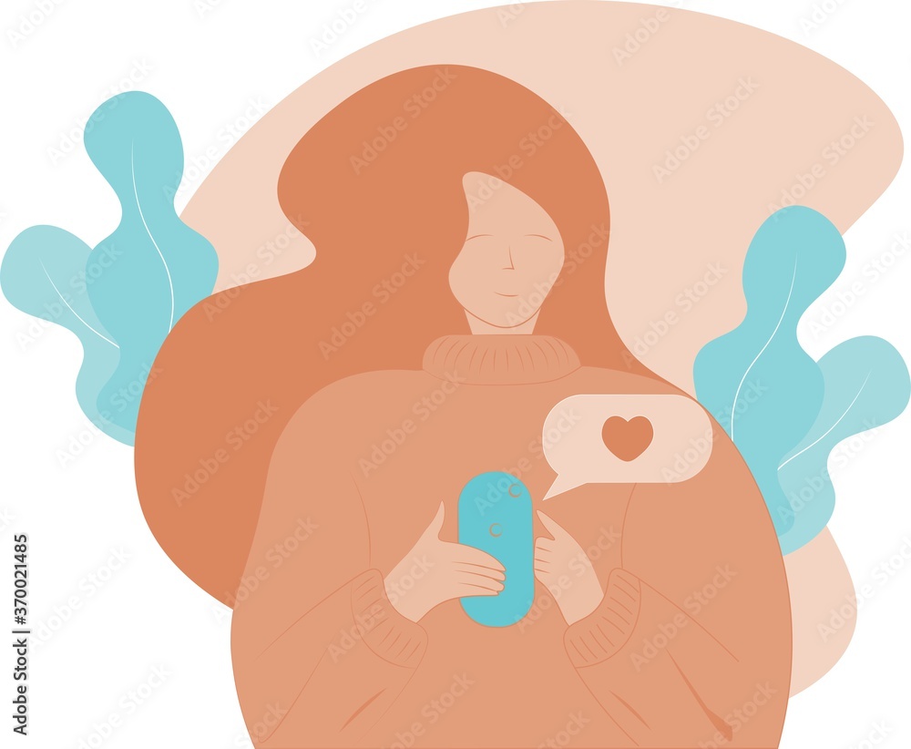 Flat color illustration of hand-drawn cartoon standing girl pasting sending or receiving likes on social networks at smartphone Flat color illustration of hand-drawn cartoon standing girl pasting sending or receiving likes on social networks at smartphone