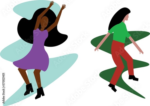 The colorful hand drawn a simple, modern flat illustration of two dancing women with an empty blank face