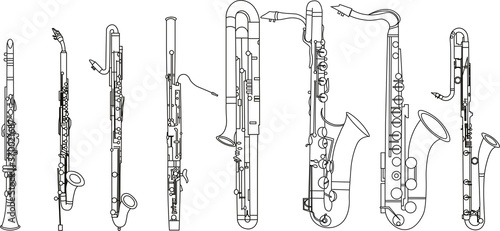 Simple black line drawing of outline Clarinet, Bassoon, Contrabassoon, Saxophone musical instrument contour photo