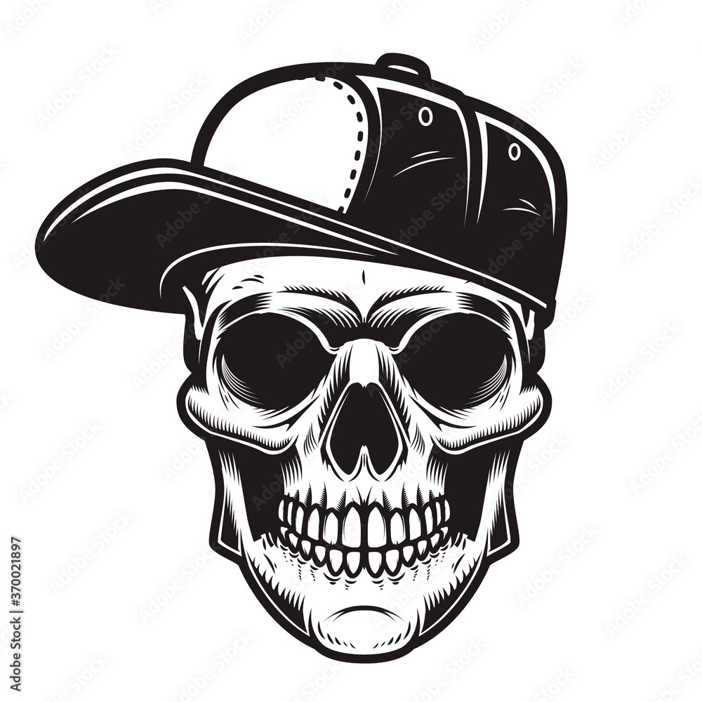Illustration of skull in baseball cap in engraving style. Design element for logo, emblem, sign, poster, card, banner.