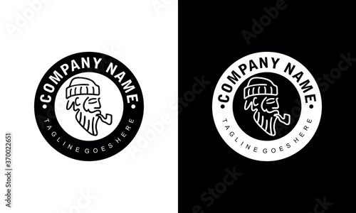 Ilustration vector graphic of logo silhouette of old man smoking in circle on black and white background.
