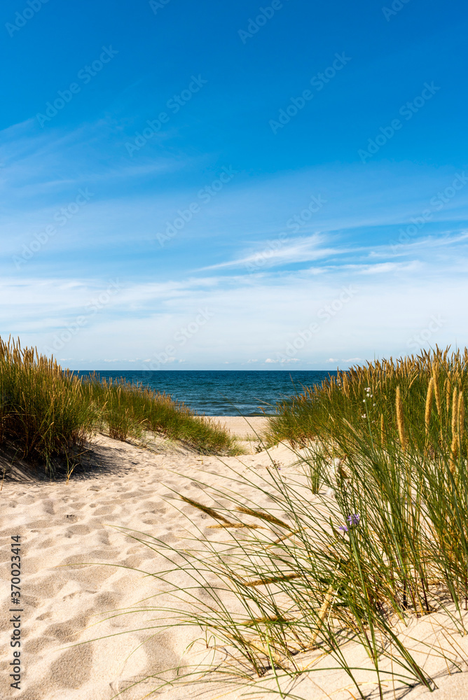 Peaceful beach with dunes and green grass. Ocean in the background, blue sky. Peaceful beach with dunes and green grass. Ocean in the background, blue sky.