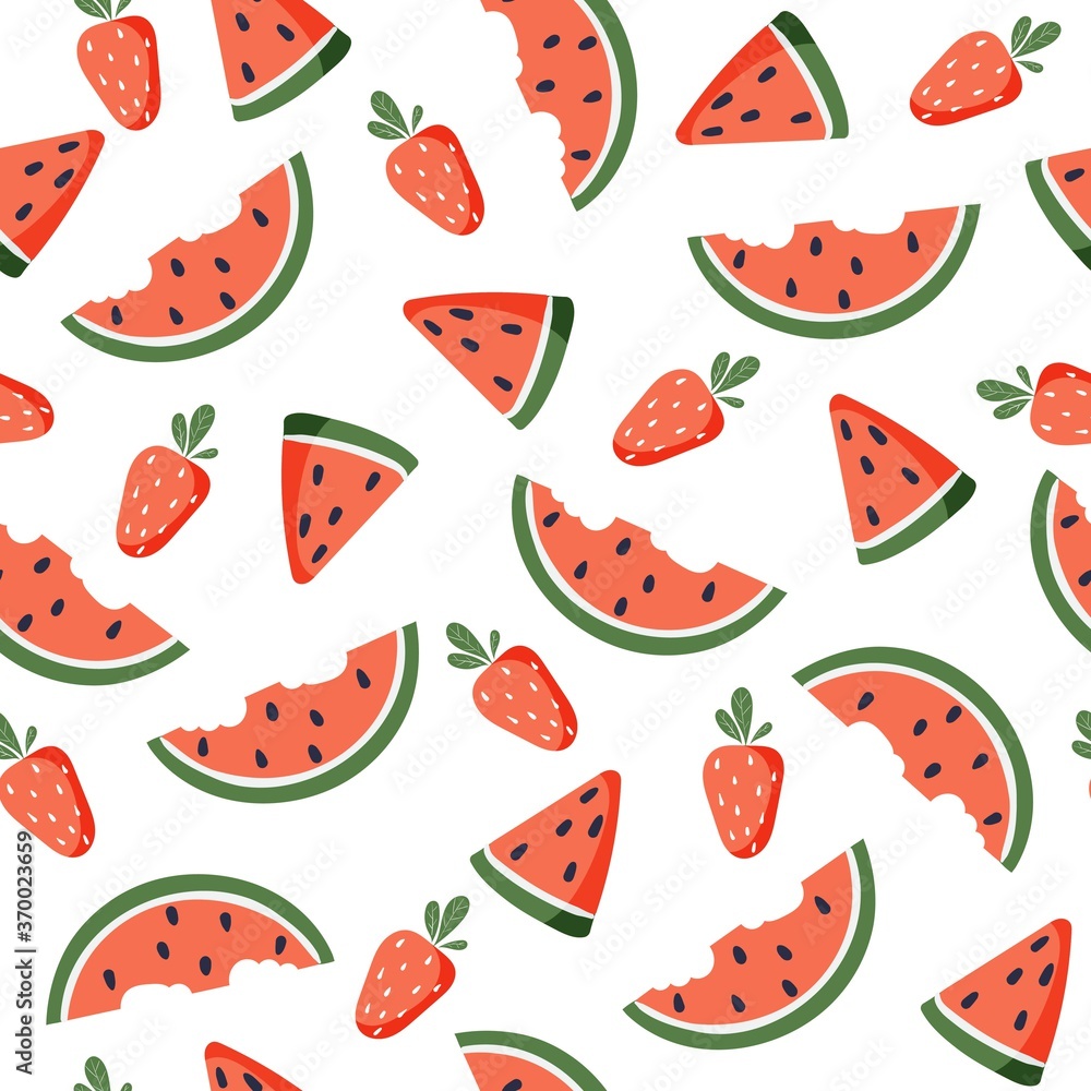 Summer background with watermelon and strawberries. Vector seamless fruit pattern Summer background with watermelon and strawberries. Vector seamless fruit pattern
