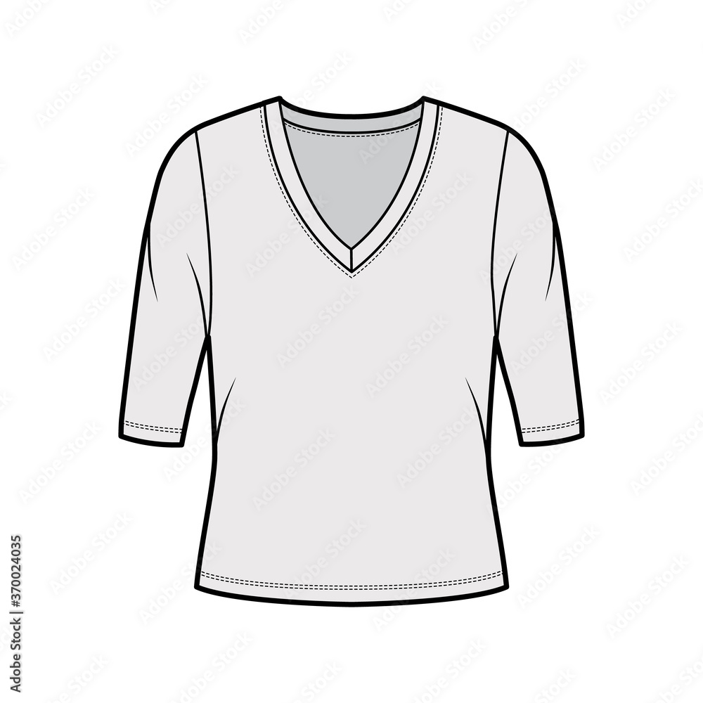 Naklejka premium Deep V-neck jersey sweater technical fashion illustration with elbow sleeves, oversized body. Flat shirt apparel template front, grey color. Women, men unisex outfit top CAD mockup