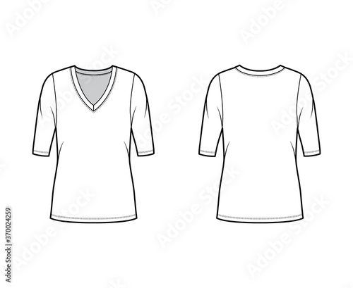 Deep V-neck jersey sweater technical fashion illustration with elbow sleeves, oversized body, tunic length. Flat shirt apparel template front, back white color. Women, men unisex outfit top CAD mockup