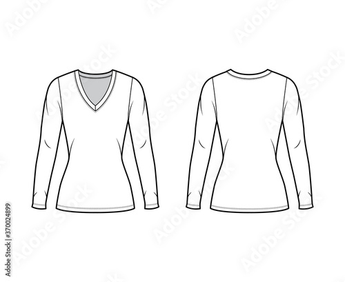 Deep V-neck jersey sweater technical fashion illustration with long sleeves, close-fitting shape, tunic length. Flat shirt apparel template front back white color. Women men unisex outfit top mockup