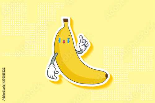 CRYING, SAD, SOB, CRY Face Emotion. Forefinger Hand Gesture. Banana Fruit Cartoon Drawing Mascot Illustration.