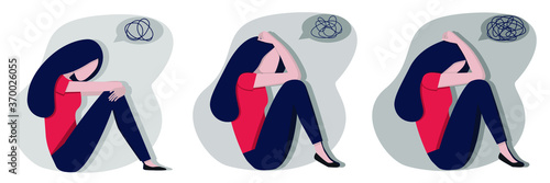 Stage of depression. An oppressed person. Bullying of the individual. Sad girl. A young girl is depressed. Vector illustration. Flat image. Concept art depression.