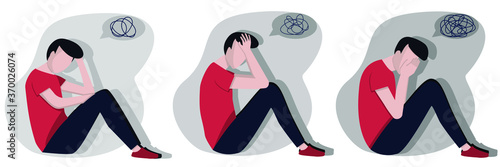 Stage of depression. An oppressed person. Bullying of the individual. Sad guy. A young guy is depressed. Vector illustration. Flat image. Concept art depression.