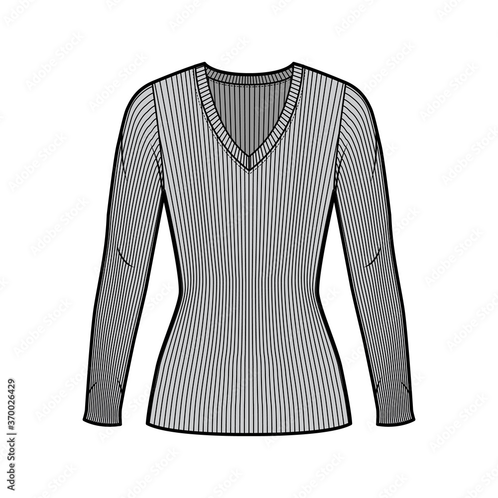 Obraz premium Ribbed V-neck knit sweater technical fashion illustration with long sleeves, close-fitting shape tunic length. Flat outwear apparel template front grey color. Women men unisex shirt top CAD mockup