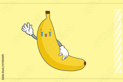 CRYING, SAD, SOB, CRY Face Emotion. Waving Hand Hand Gesture. Banana Fruit Cartoon Drawing Mascot Illustration.